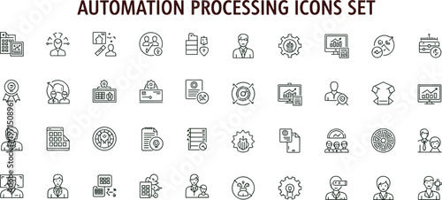 Automation processing outline icon set featuring workflow analytics industrial operations management optimization interface symbols for business dashboards platforms systems