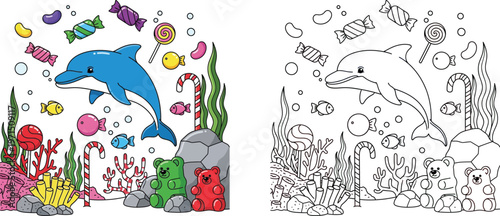 Whimsical Candy Ocean World with Cartoon Dolphin Fish Coral and Gummy Bears