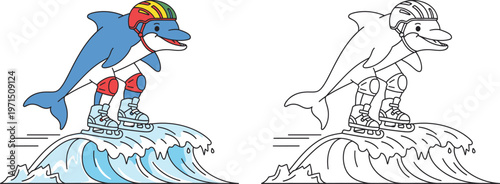 Dynamic Cartoon Dolphin Rollerblading on a Wave Extreme Water Sports Fun