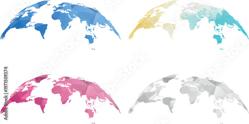 Set of Four Low Poly Geometric World Maps in Blue, Pink, Teal, and Gray Tones