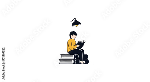 Man sitting on stack of books.