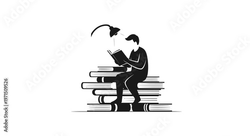 Man sitting on stack of books.