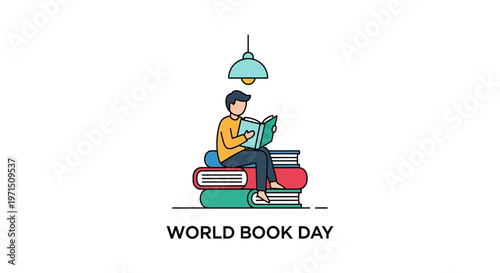 Man sitting on stack of books.