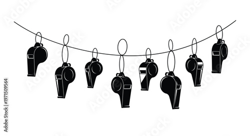 A string of black whistle silhouettes hanging representing sports officiating silhouette