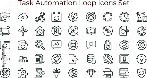 Task automation loop outline icon set featuring workflow synchronization analytics optimization monitoring interface symbols for productivity dashboards platforms systems