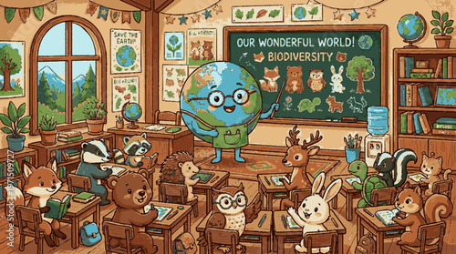 Earth mascot teaches biodiversity in a classroom with animals promoting eco education and conservation