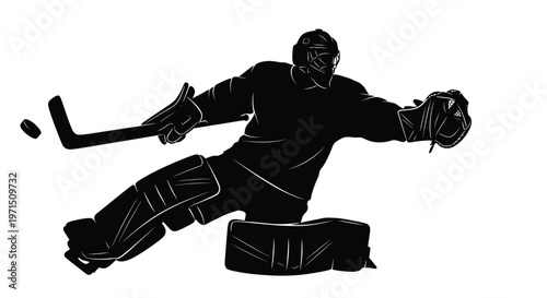 Ice hockey goalie in action preparing to block a shot silhouette