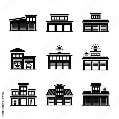 Fire Station Icons Set, Emergency Services Buildings, Vector Graphics