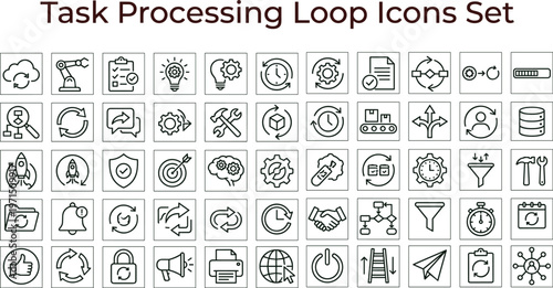 Task processing loop workflow outline icon set featuring automation analytics synchronization optimization monitoring interface symbols for productivity dashboards platforms