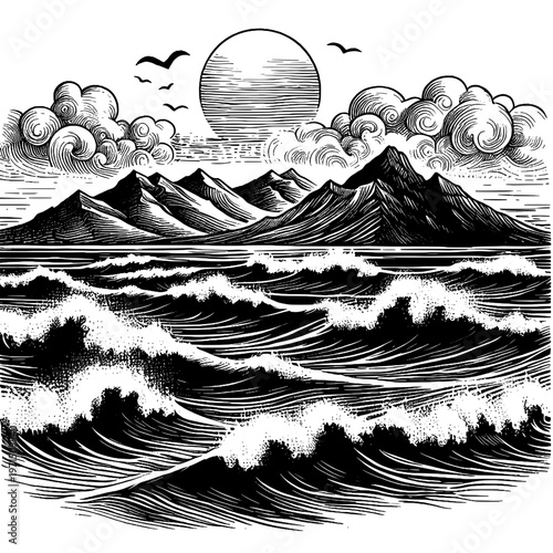 Line art sketch drawing of seascape with large rolling waves in the foreground and jagged mountain ranges in the background vector svg