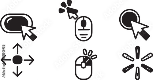 Cursor Interaction Icon Set. Outline Mouse Actions, Click Double, Hover, Drag, Scroll Pointer Symbols, Line Art Vector for UI UX Web App Interface Design