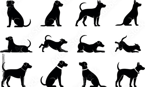 Dog silhouette illustration set with twelve canine poses representing animal movement, pet design and print ready vector artwork