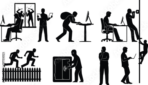 A comprehensive black silhouette set featuring cyber criminals, burglars, and hackers engaged in activities like data theft, house breaking, and safe cracking.