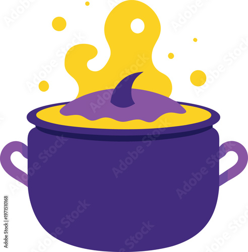 Purple cauldron with yellow steam and purple potion