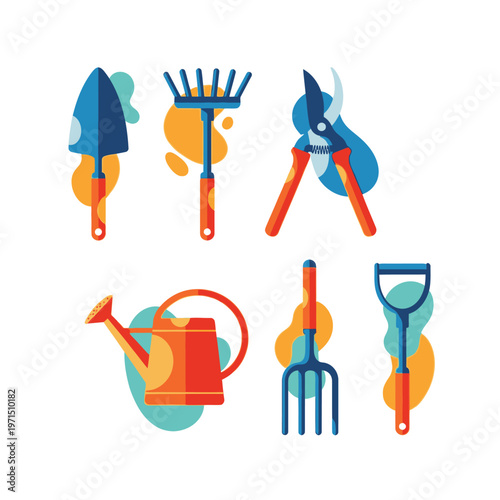 Gardening Tools Set: Trowel, Rake, Pruners, Watering Can, Fork, Dibber