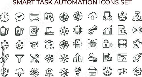 Smart task automation outline icon set featuring workflow analytics robotics connectivity performance monitoring interface symbols for productivity dashboards platforms