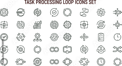 Task processing loop outline icon set featuring workflow automation synchronization analytics process monitoring interface symbols for productivity systems dashboards