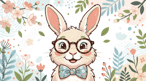 Cute rabbit with glasses and bowtie in a whimsical floral setting with pastel colors and playful vibe