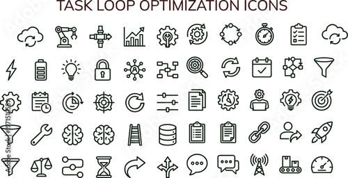 Task loop optimization outline icon set featuring automation workflow analytics performance monitoring interface symbols for productivity systems dashboards platforms