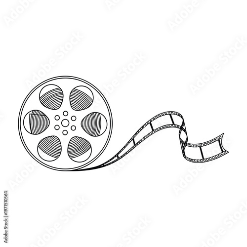 Detailed line drawing of a classic cinema film reel with an unraveling strip of film