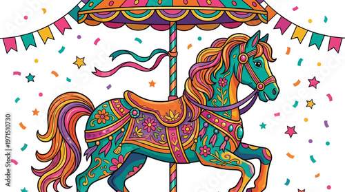 A beautifully decorated carousel horse with vibrant colors and intricate patterns, set against a festive background with confetti and flags.