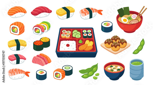A vibrant and detailed illustration showcasing a diverse assortment of Japanese cuisine, including various sushi rolls, nigiri, a bento box, ramen, and edamame.