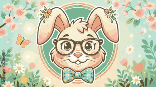 Cute and stylish bunny with glasses and bowtie surrounded by flowers and butterflies in a whimsical spring setting
