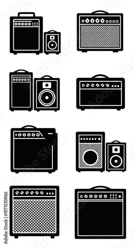 Guitar Amplifier Icons Set, Black and White Vector Illustrations