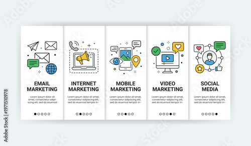 Digital marketing onboarding screens for email, internet, mobile, video, and social media marketing