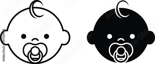 Vector illustration of baby faces with pacifiers in black and white