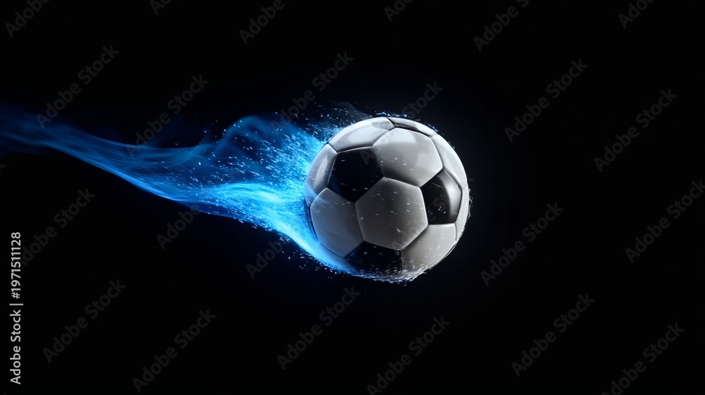 Naklejka premium Soccer ball in motion with blue flame effect on a black background, showcasing speed and dynamic movement in a sports-themed visual representation