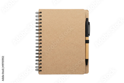 Spiral notebook with pen on brown kraft cover