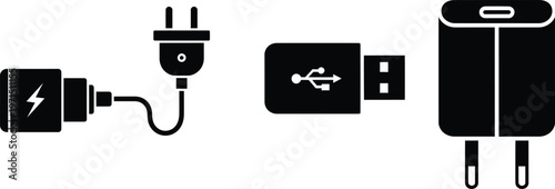 Various electrical plug and charging adapter icons in black and white