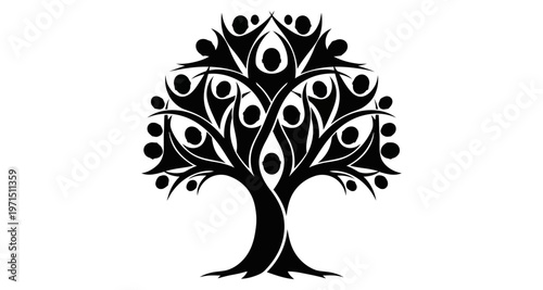Abstract Community Tree Silhouette People Figures Branches Growth Symbolism Minimalist Vector Art