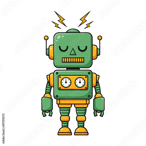 A cute green cartoon robot with yellow accents and lightning bolts on its head.