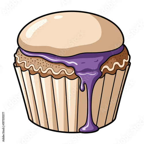 Illustration of a delicious cupcake with creamy frosting and purple syrup dripping down.