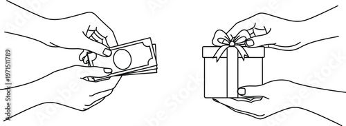 Vector graphic illustration of two hands exchanging money for a gift box with a ribbon