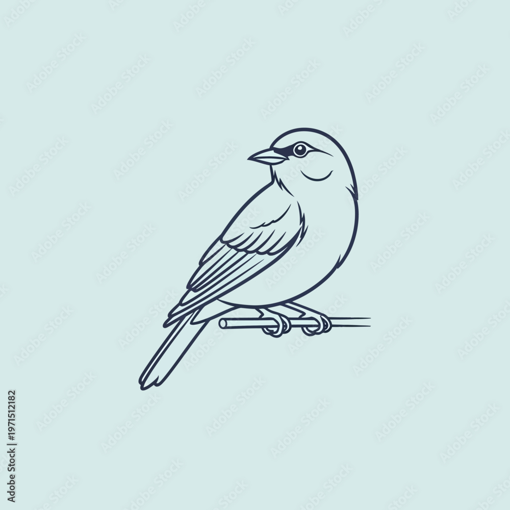 Obraz premium Minimalist Line Art Sparrow Perched on Branch, Simple Bird Illustration, Vector Icon