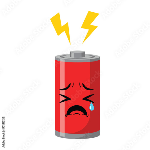 Sad red battery character crying with lightning bolts above its head on white background.