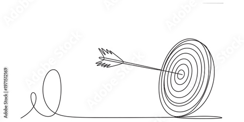 A continuous line drawing depicting a single arrow hitting the center of a round bullseye target Vector, illustration