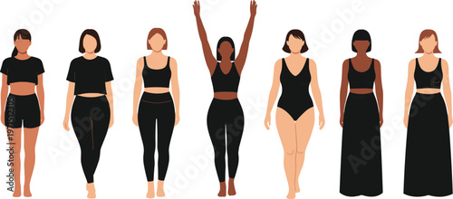 Diverse women body types illustration in black outfits, inclusive female figures set, body positivity concept, different shapes diversity representation vector design