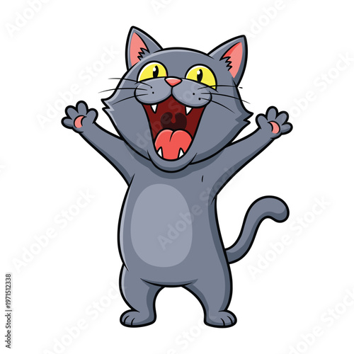 A happy grey cartoon cat standing on its hind legs with its paws raised and mouth wide open
