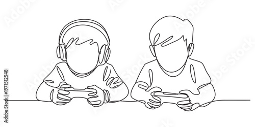 Continuous line drawing of two young boys focused while playing intense video games together Vector, illustration
