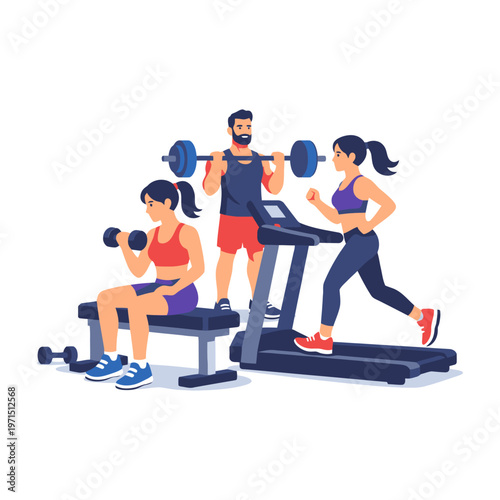 Flat vector illustration showing people working out together in gym using treadmill and weights. Concept of fitness community, healthy lifestyle, and workout routine.