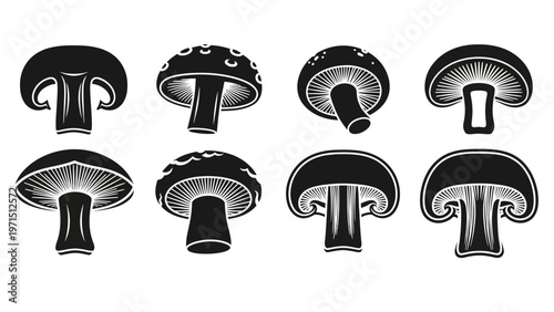 Mushroom Silhouettes: Variety of Fungi Species, Black and White Icons