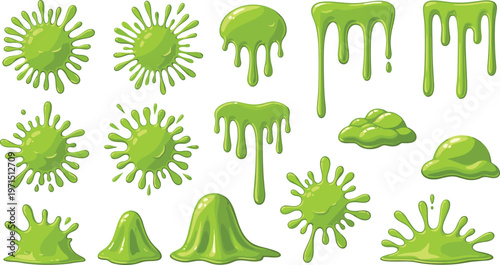 Green slime splatter collection with dripping goo shapes, cartoon liquid blobs illustration, toxic slime elements set, isolated vector design pack