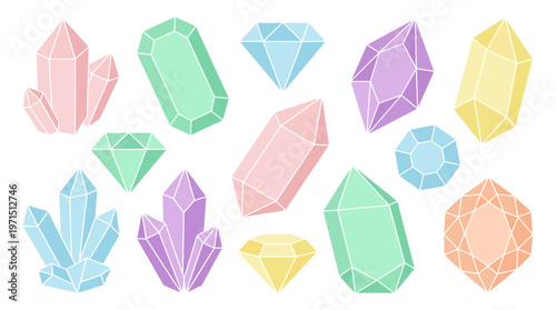 A collection of colorful, stylized crystals and gemstones in various geometric shapes and pastel hues, isolated on a white background.
