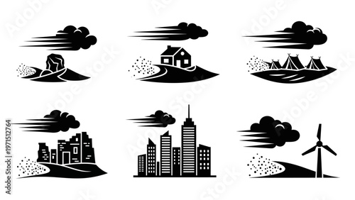 Natural Disaster Icons: Flood, Storm, Wind Damage to Homes, Cities, and Nature