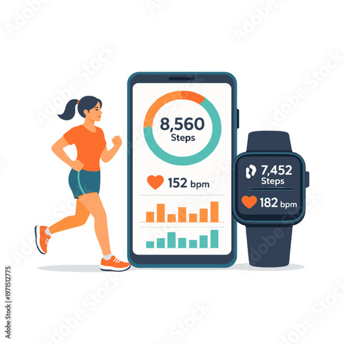 Modern flat vector illustration of running activity monitored by smartphone and smartwatch showing steps and heart rate statistics. Healthy lifestyle and fitness technology concept.