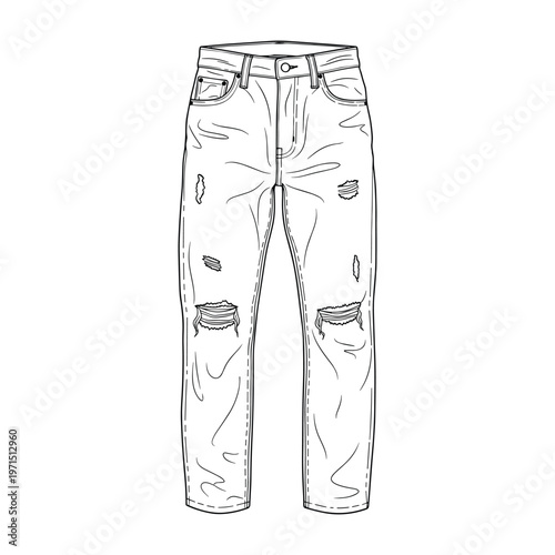 Detailed line drawing of a pair of distressed denim jeans with ripped knees and thigh holes.